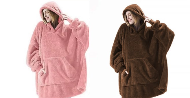 Oversized Double-Sided Velvet Fleece Blanket Hoodie with Kangaroo Pocket | Velvet Fleece Hoodie for Sleep | Wearable Blankets