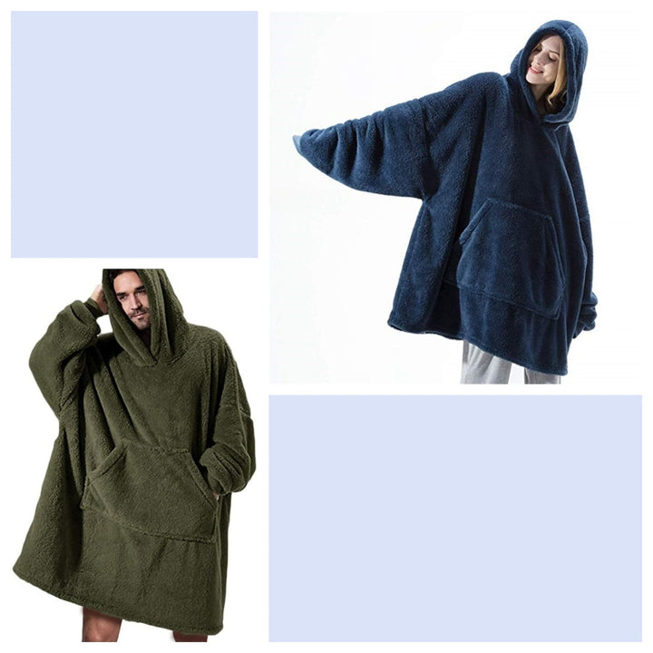 Oversized Double-Sided Velvet Fleece Blanket Hoodie with Kangaroo Pocket | Velvet Fleece Hoodie for Sleep | Wearable Blankets