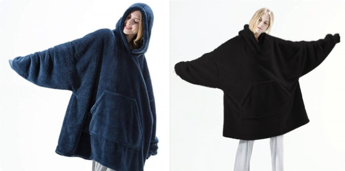 Oversized Double-Sided Velvet Fleece Blanket Hoodie with Kangaroo Pocket | Velvet Fleece Hoodie for Sleep | Wearable Blankets