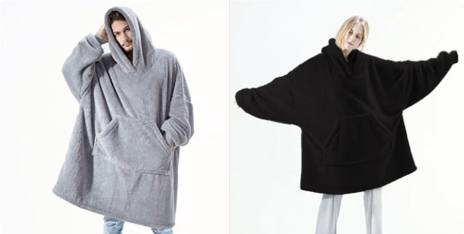 Oversized Double-Sided Velvet Fleece Blanket Hoodie with Kangaroo Pocket | Velvet Fleece Hoodie for Sleep | Wearable Blankets