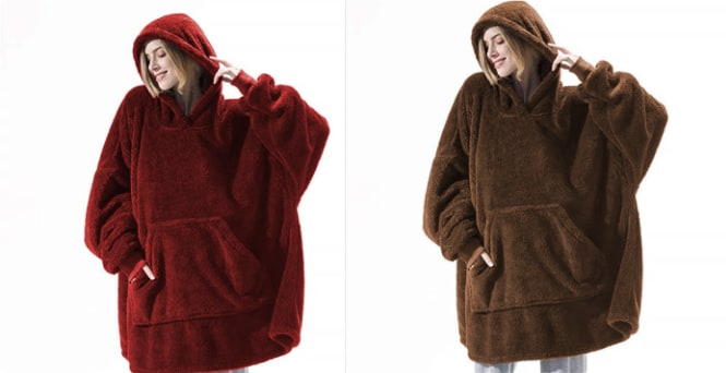 Oversized Double-Sided Velvet Fleece Blanket Hoodie with Kangaroo Pocket | Velvet Fleece Hoodie for Sleep | Wearable Blankets