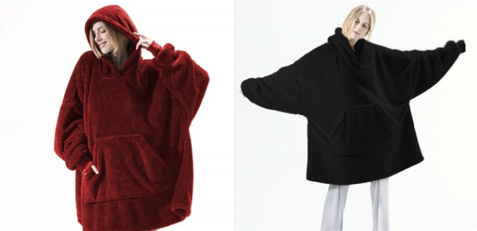 Oversized Double-Sided Velvet Fleece Blanket Hoodie with Kangaroo Pocket | Velvet Fleece Hoodie for Sleep | Wearable Blankets
