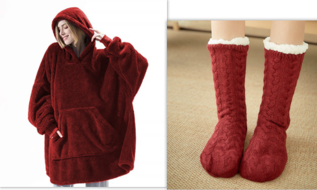 Oversized Double-Sided Velvet Fleece Blanket Hoodie with Kangaroo Pocket | Velvet Fleece Hoodie for Sleep | Wearable Blankets