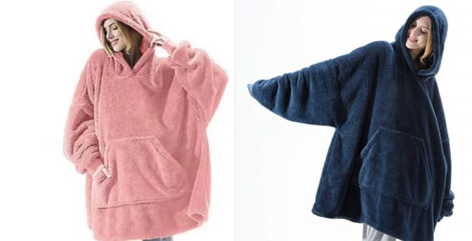 Oversized Double-Sided Velvet Fleece Blanket Hoodie with Kangaroo Pocket | Velvet Fleece Hoodie for Sleep | Wearable Blankets