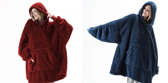 Oversized Double-Sided Velvet Fleece Blanket Hoodie with Kangaroo Pocket | Velvet Fleece Hoodie for Sleep | Wearable Blankets