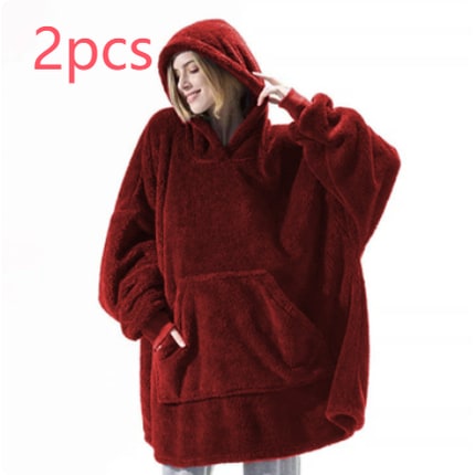 Oversized Double-Sided Velvet Fleece Blanket Hoodie with Kangaroo Pocket | Velvet Fleece Hoodie for Sleep | Wearable Blankets