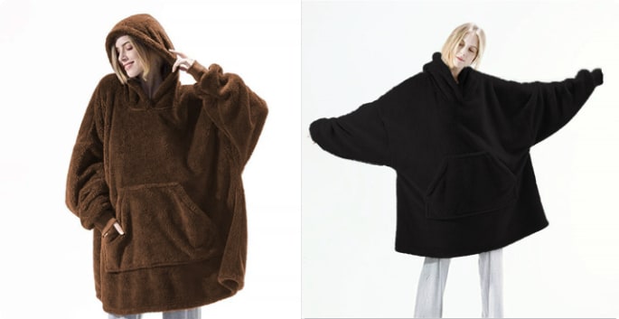 Oversized Double-Sided Velvet Fleece Blanket Hoodie with Kangaroo Pocket | Velvet Fleece Hoodie for Sleep | Wearable Blankets