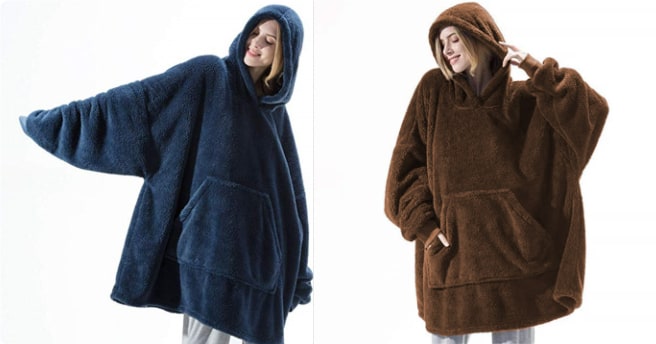 Oversized Double-Sided Velvet Fleece Blanket Hoodie with Kangaroo Pocket | Velvet Fleece Hoodie for Sleep | Wearable Blankets