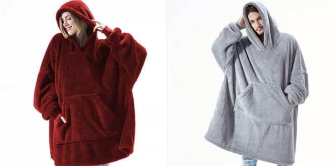 Oversized Double-Sided Velvet Fleece Blanket Hoodie with Kangaroo Pocket | Velvet Fleece Hoodie for Sleep | Wearable Blankets
