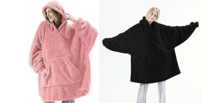 Oversized Double-Sided Velvet Fleece Blanket Hoodie with Kangaroo Pocket | Velvet Fleece Hoodie for Sleep | Wearable Blankets