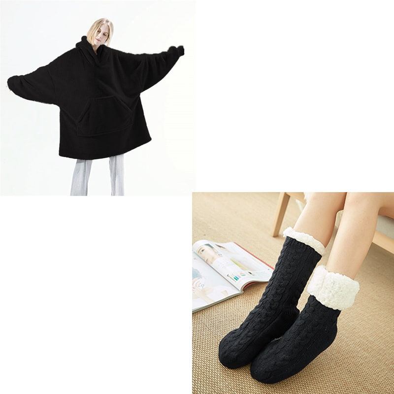 Oversized Double-Sided Velvet Fleece Blanket Hoodie with Kangaroo Pocket | Velvet Fleece Hoodie for Sleep | Wearable Blankets