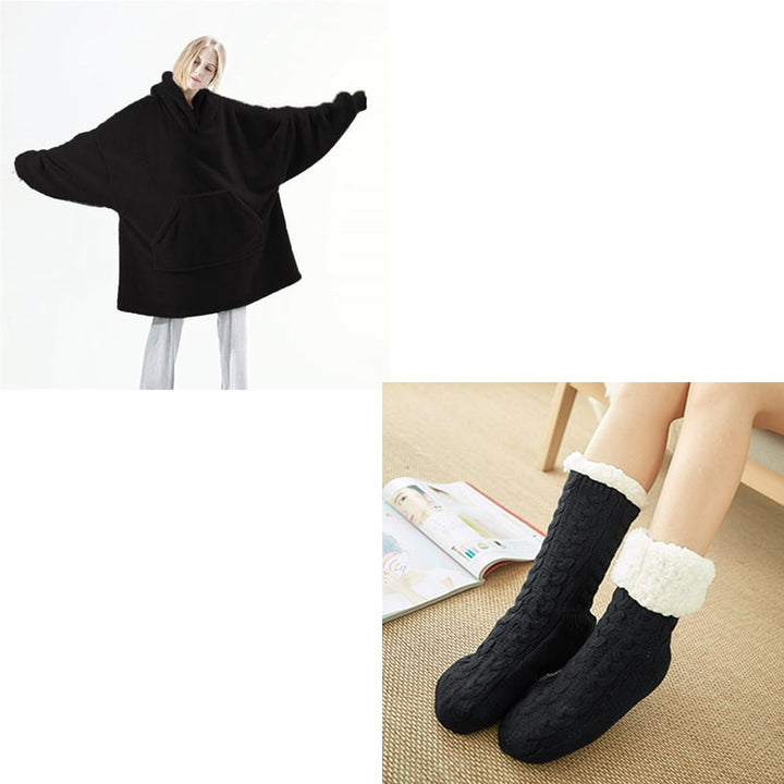 Oversized Double-Sided Velvet Fleece Blanket Hoodie with Kangaroo Pocket | Velvet Fleece Hoodie for Sleep | Wearable Blankets
