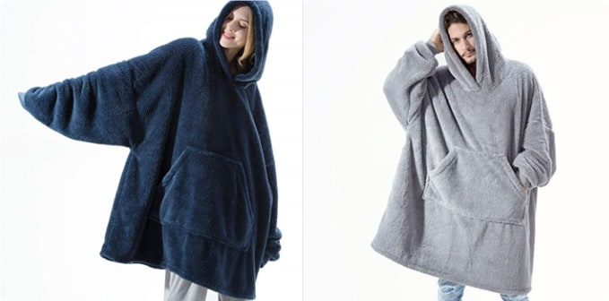 Oversized Double-Sided Velvet Fleece Blanket Hoodie with Kangaroo Pocket | Velvet Fleece Hoodie for Sleep | Wearable Blankets
