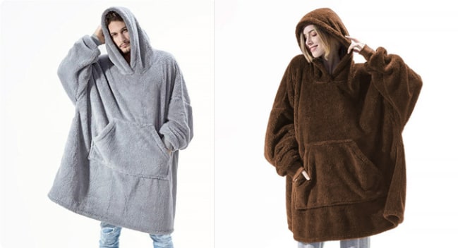 Oversized Double-Sided Velvet Fleece Blanket Hoodie with Kangaroo Pocket | Velvet Fleece Hoodie for Sleep | Wearable Blankets