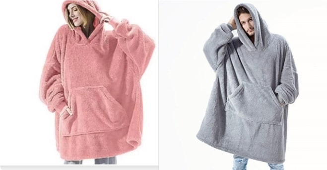 Oversized Double-Sided Velvet Fleece Blanket Hoodie with Kangaroo Pocket | Velvet Fleece Hoodie for Sleep | Wearable Blankets