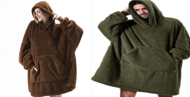 Oversized Double-Sided Velvet Fleece Blanket Hoodie with Kangaroo Pocket | Velvet Fleece Hoodie for Sleep | Wearable Blankets