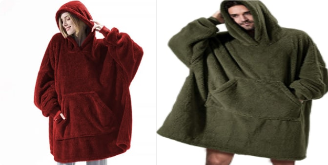 Oversized Double-Sided Velvet Fleece Blanket Hoodie with Kangaroo Pocket | Velvet Fleece Hoodie for Sleep | Wearable Blankets