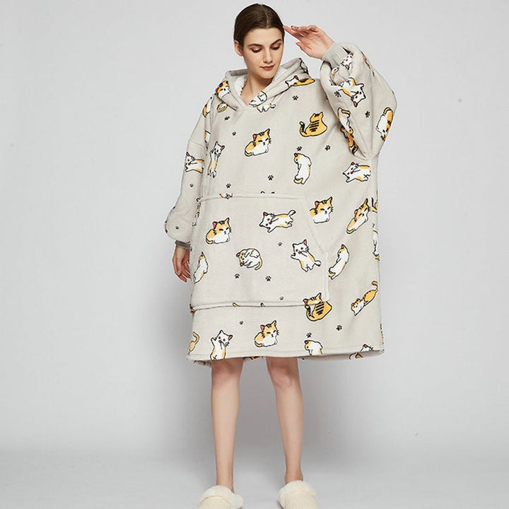 Sherpa-Lined Wearable Blanket Hoodie, Oversized Knee-Length Fleece Pullover | Sherpa-Lined Hoodie Blanket Warmth | Wearable Blankets