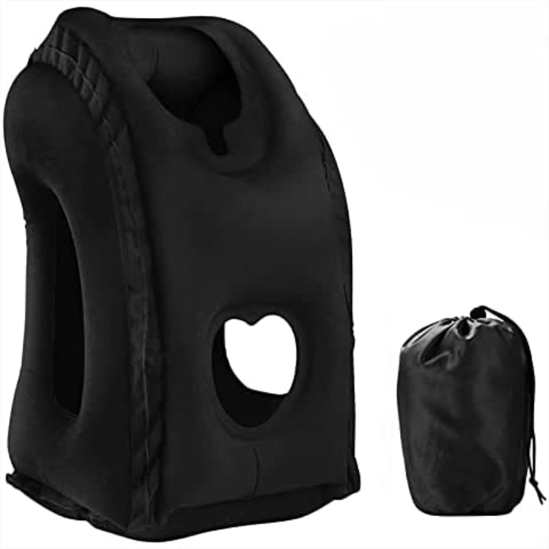 Inflatable Forward-Facing Travel Pillow with Velvety Flocking and Carry Bag | Lean-In Pillow for Long Flights | Travel Pillows